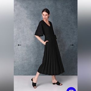 Turnblack Dedalo Black Linen Pleated Button Sleeve Midi dress XXLarge